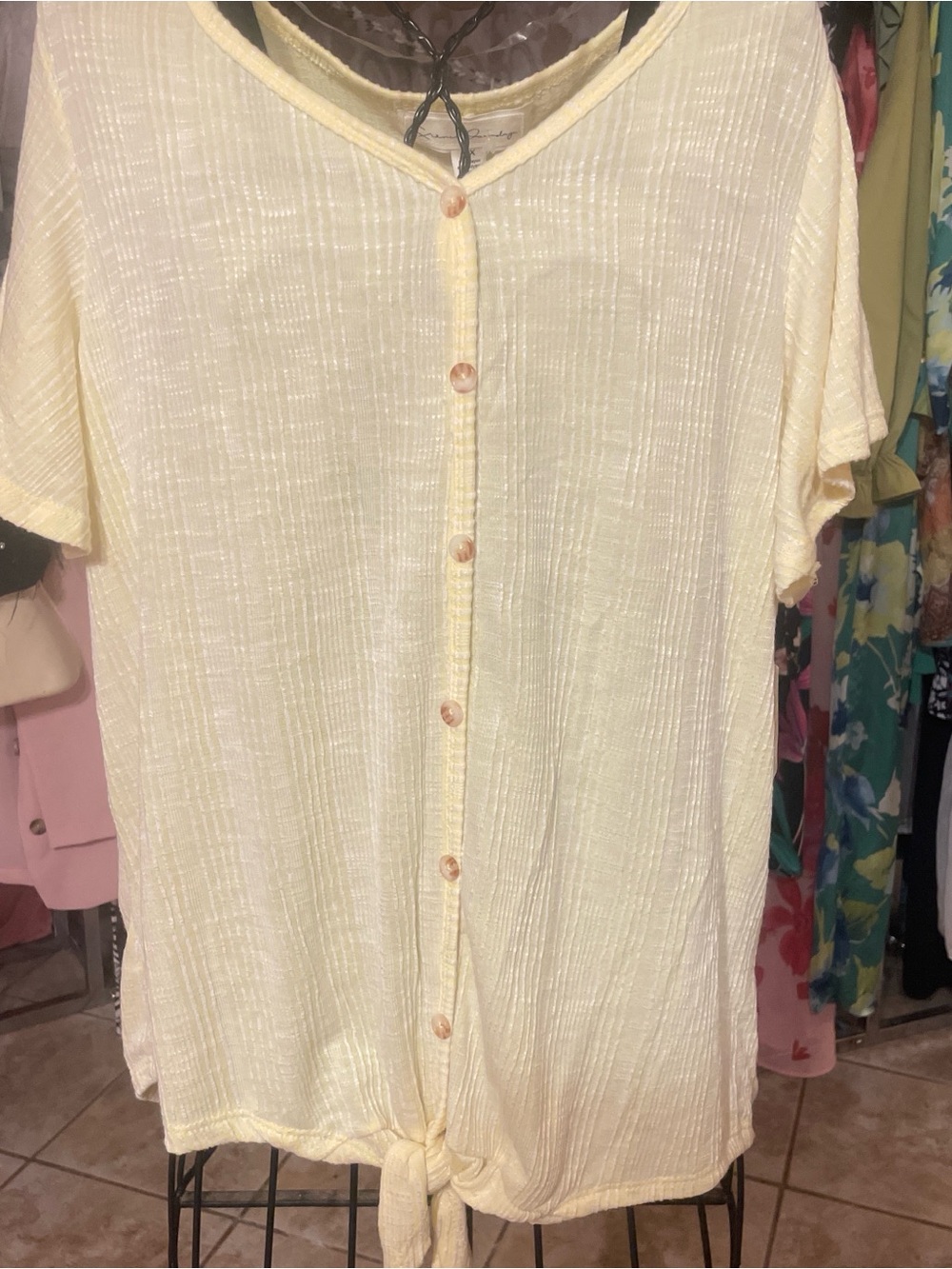 French Laundry Pale Yellow Button-Front Tie-Hem Blouse
